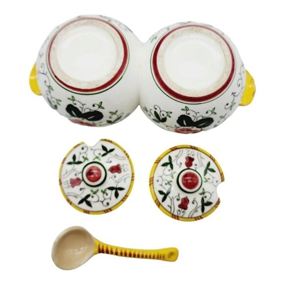 Py Early Provincial Rooster and Roses Double Condiment Jars Spoon Ucago Folk Art - Picture 4 of 9